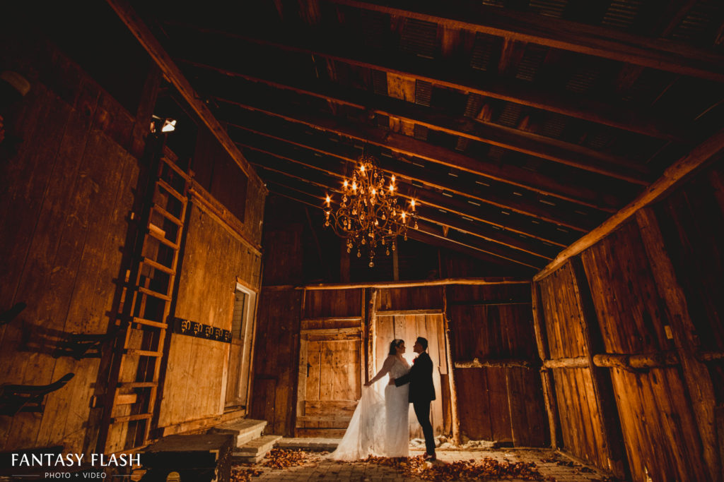 Bride and Groom inside the Barn at The Falkirk Estates