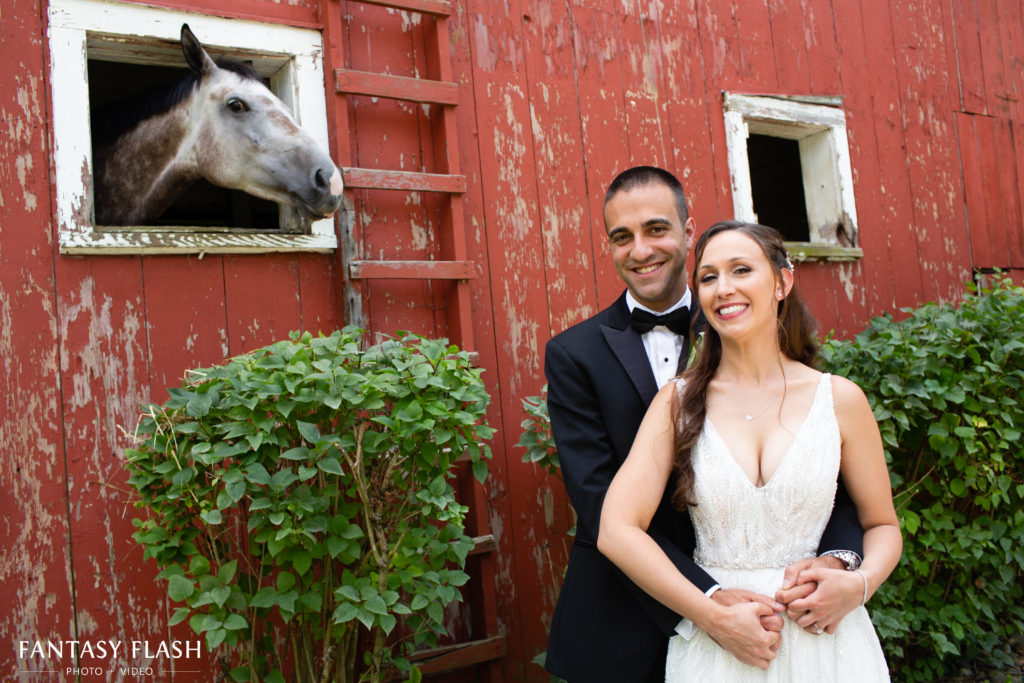 A Bride, Groom and Horse At The Falkirk Estate Barn