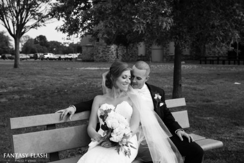 Bride and Groom on Bench at Glen Island Park