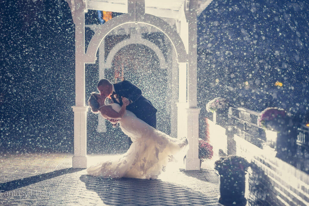 A snow filled wedding photo taken in poughkeepsie, ny