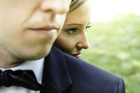 intimate portrait of a groom and bride at le chateau