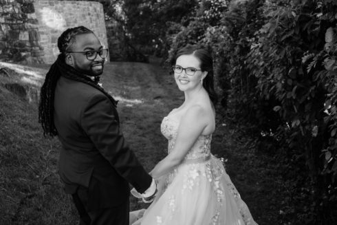 newlyweds taking a walk
