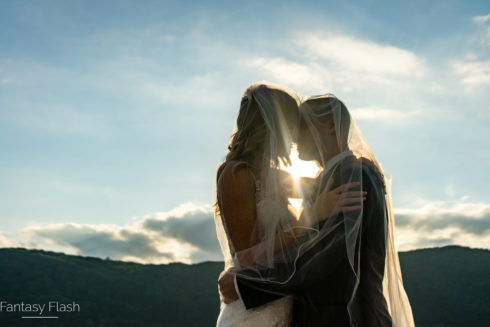 bridal veil draped over bride and groom in artist wedding photograph