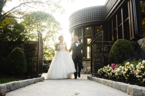 newlyweds taking a stroll