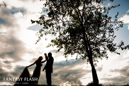 daytime silhouette of a bride and groom