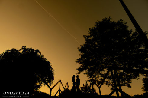 sunset silhouette of a bride and groom at The Grandview