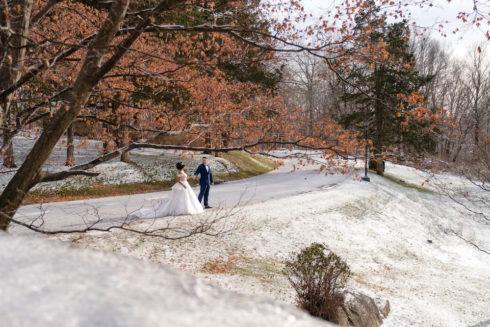 bride and groom taking a walk