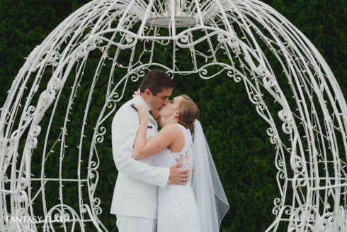 Bride and groom in cinderella carriage at Anthonys Pier 9