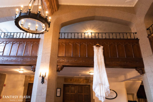 A hanging wedding dress