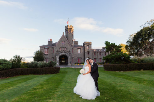 Wedding portrait on lawn of Whitby Castle